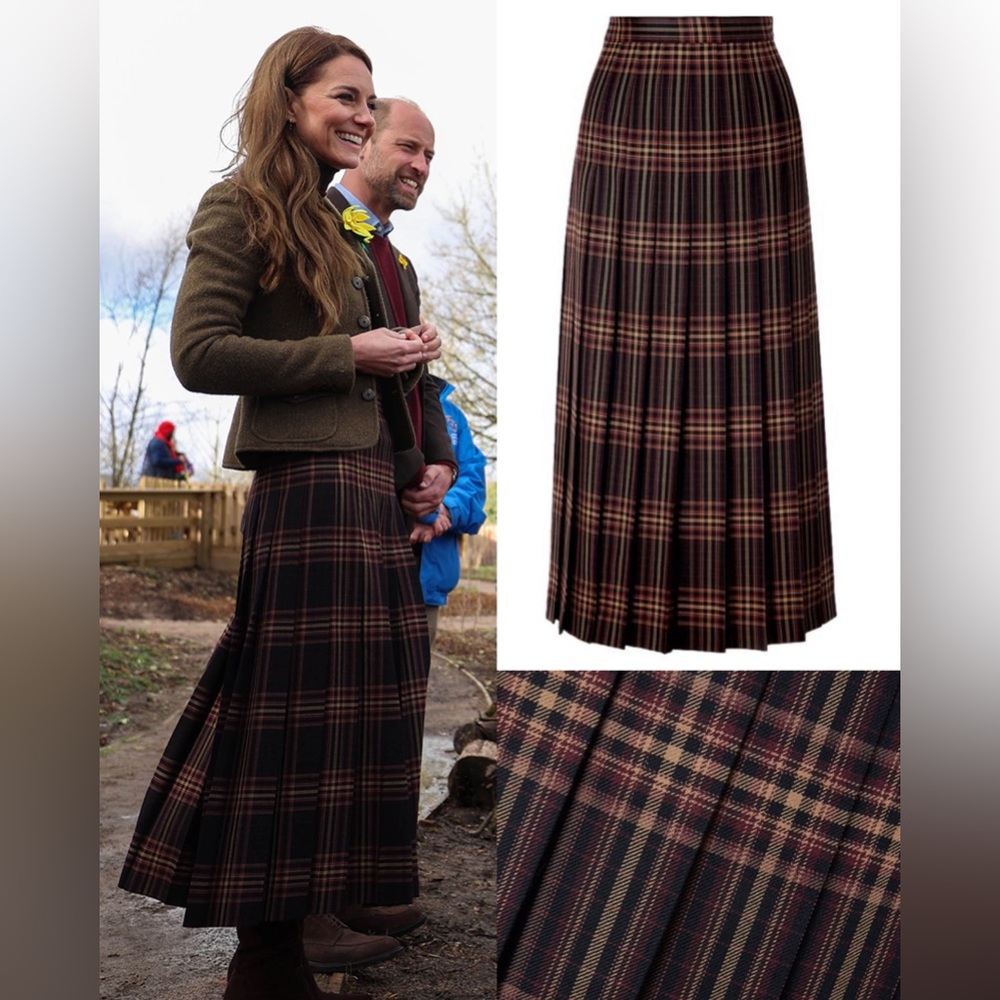 Pleated Checked Wool-Twill Midi Skirt by Gucci in Burgundy ASO Kate Middleton